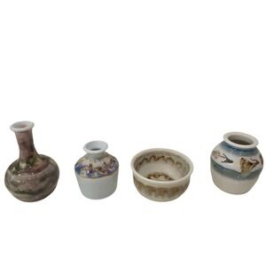 Set of 4 Miniature Studio Pottery Vases & Bowl Sign CR?CS Artisan Glazed Ceramic